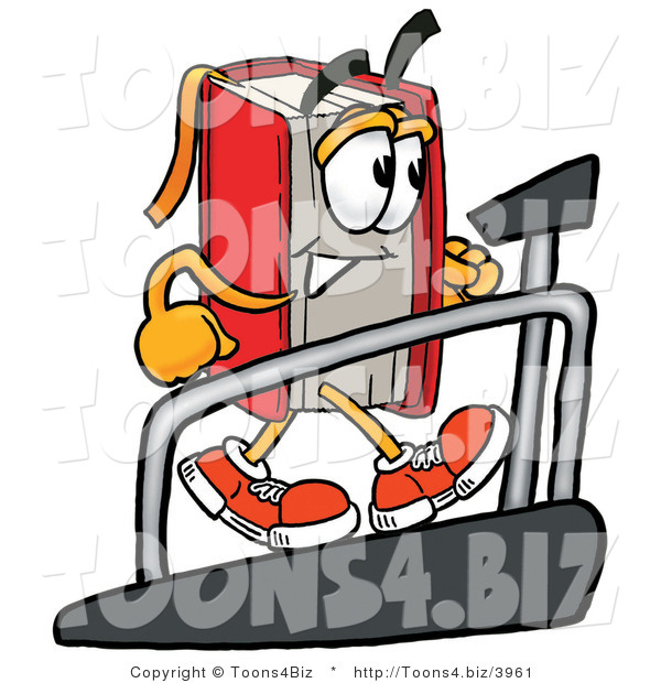 Illustration of a Book Mascot Walking on a Treadmill in a Fitness Gym