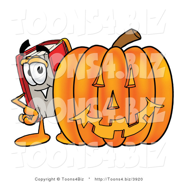 Illustration of a Book Mascot with a Carved Halloween Pumpkin