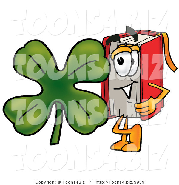 Illustration of a Book Mascot with a Green Four Leaf Clover on St Paddy's or St Patricks Day