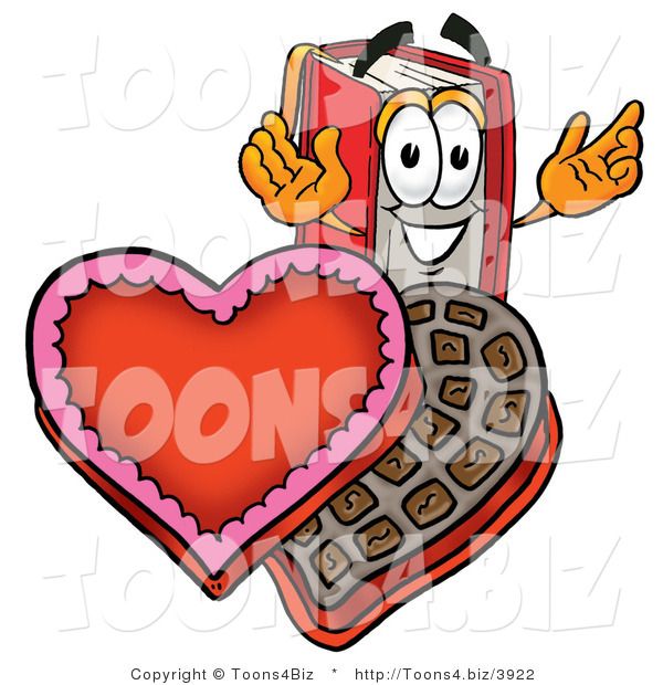 Illustration of a Book Mascot with an Open Box of Valentines Day Chocolate Candies