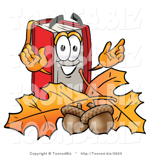Illustration of a Book Mascot with Autumn Leaves and Acorns in the Fall