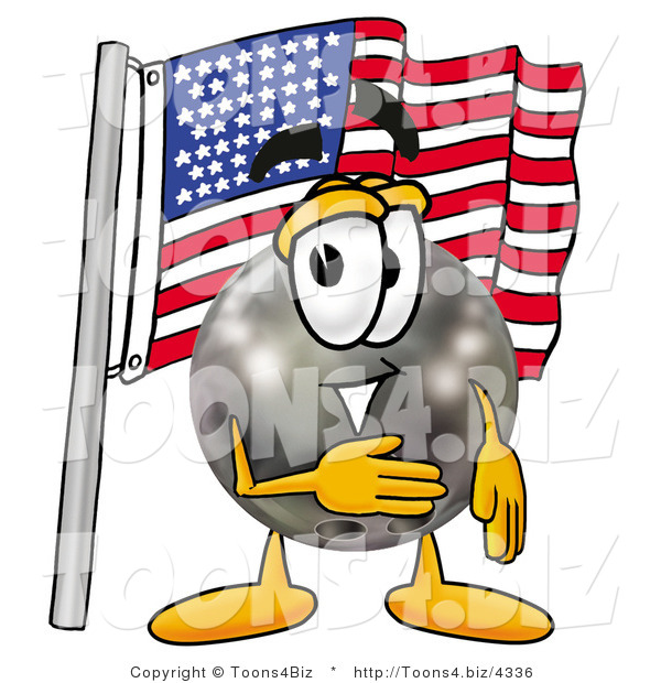 Illustration of a Bowling Ball Mascot Pledging Allegiance to an American Flag