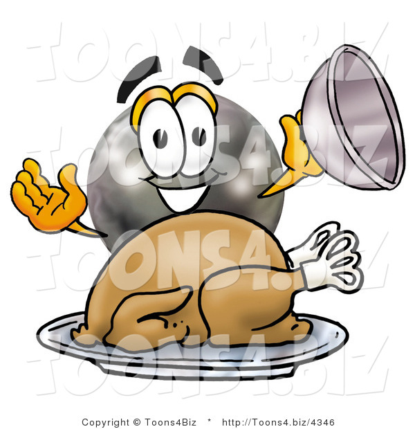 Illustration of a Bowling Ball Mascot Serving a Thanksgiving Turkey on a Platter