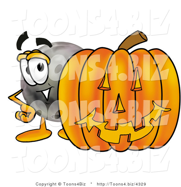 Illustration of a Bowling Ball Mascot with a Carved Halloween Pumpkin