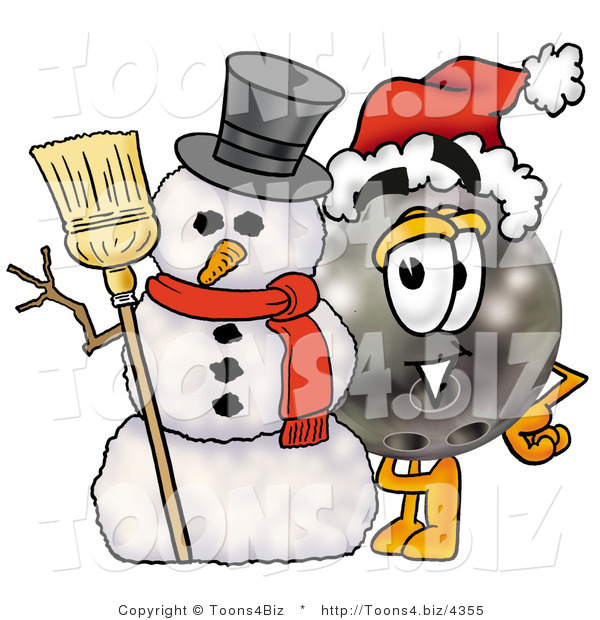 Illustration of a Bowling Ball Mascot with a Snowman on Christmas