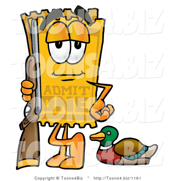 Illustration of a Cartoon Admission Ticket Mascot Duck Hunting, Standing with a Rifle and Duck