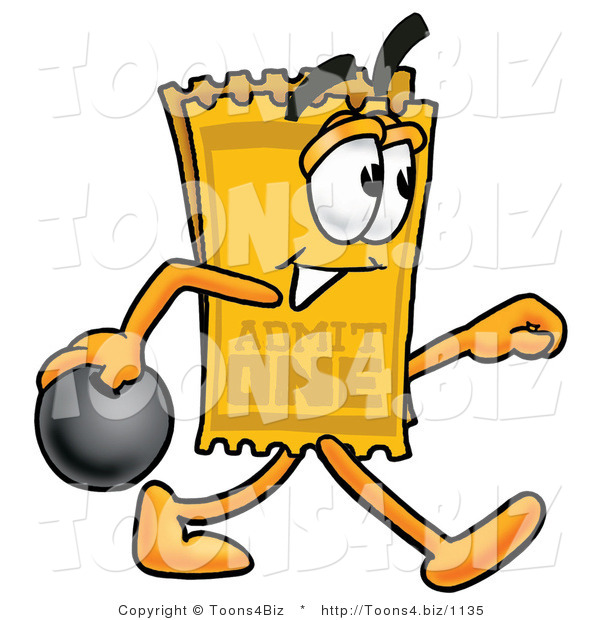 Illustration of a Cartoon Admission Ticket Mascot Holding a Bowling Ball