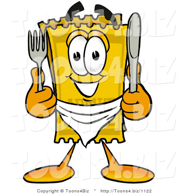 Illustration of a Cartoon Admission Ticket Mascot Holding a Knife and Fork