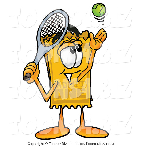 Illustration of a Cartoon Admission Ticket Mascot Preparing to Hit a Tennis Ball