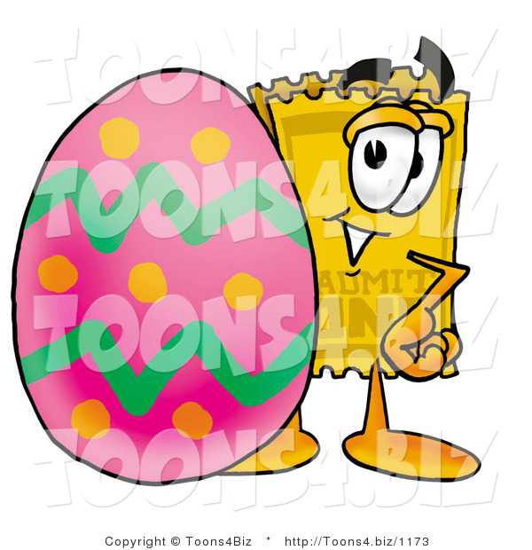 Illustration of a Cartoon Admission Ticket Mascot Standing Beside an Easter Egg