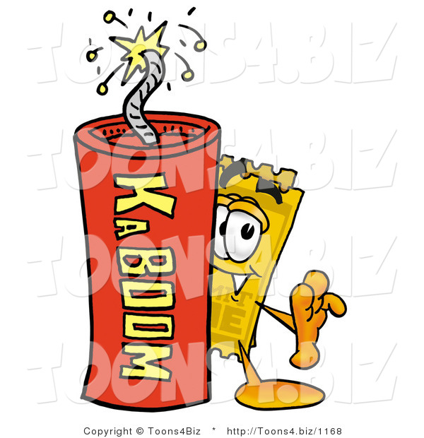 Illustration of a Cartoon Admission Ticket Mascot Standing with a Lit Stick of Dynamite