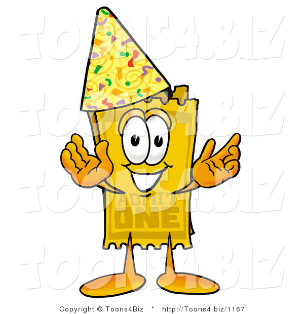 Illustration of a Cartoon Admission Ticket Mascot Wearing a Birthday Party Hat