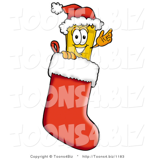 Illustration of a Cartoon Admission Ticket Mascot Wearing a Santa Hat Inside a Red Christmas Stocking