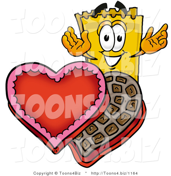 Illustration of a Cartoon Admission Ticket Mascot with an Open Box of Valentines Day Chocolate Candies