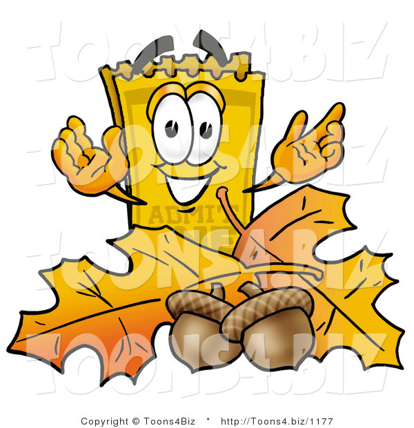 Illustration of a Cartoon Admission Ticket Mascot with Autumn Leaves and Acorns in the Fall
