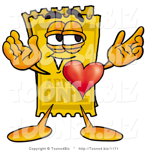 Illustration of a Cartoon Admission Ticket Mascot with His Heart Beating out of His Chest