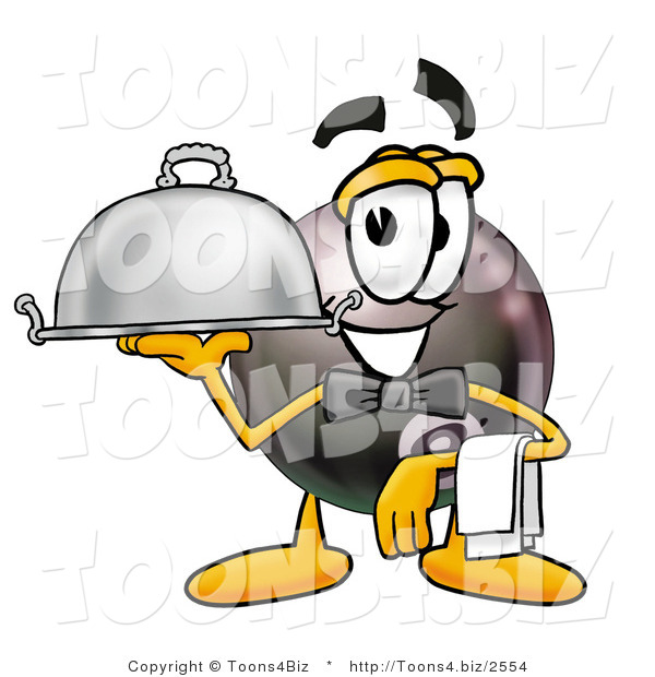 Illustration of a Cartoon Billiard 8 Ball Masco Dressed As a Waiter and Holding a Serving Platter