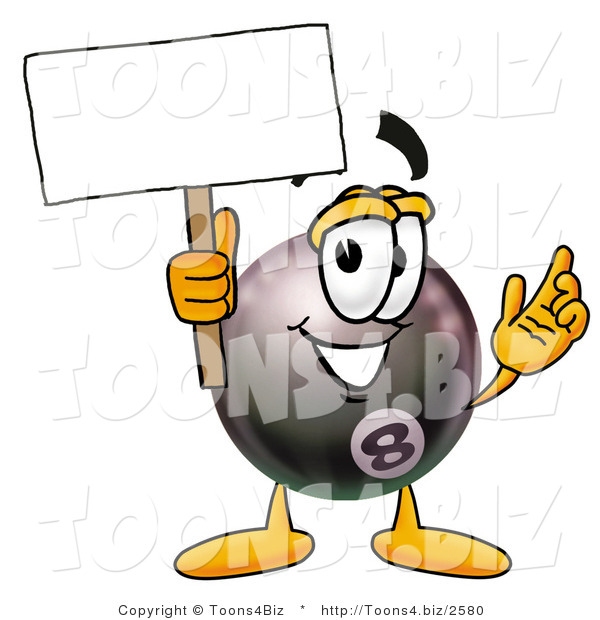 Illustration of a Cartoon Billiard 8 Ball Masco Holding a Blank Sign