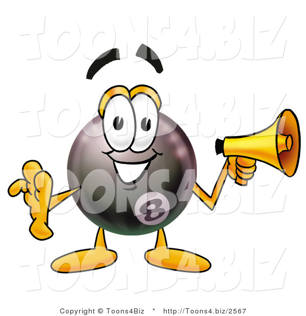 Illustration of a Cartoon Billiard 8 Ball Masco Holding a Megaphone