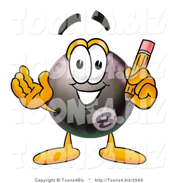 Illustration of a Cartoon Billiard 8 Ball Masco Holding a Pencil
