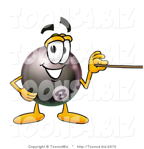 Illustration of a Cartoon Billiard 8 Ball Masco Holding a Pointer Stick