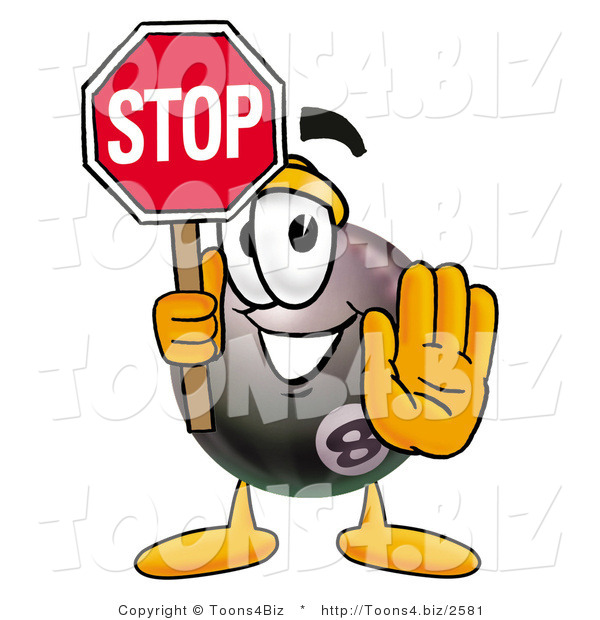 Illustration of a Cartoon Billiard 8 Ball Masco Holding a Stop Sign