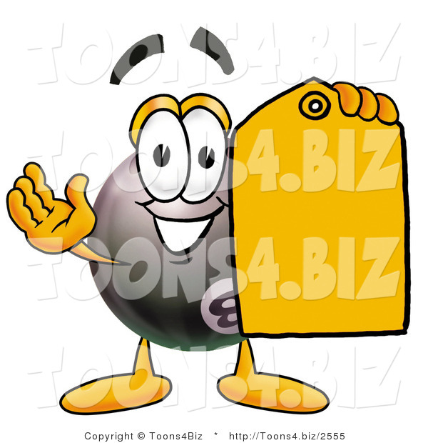 Illustration of a Cartoon Billiard 8 Ball Masco Holding a Yellow Sales Price Tag