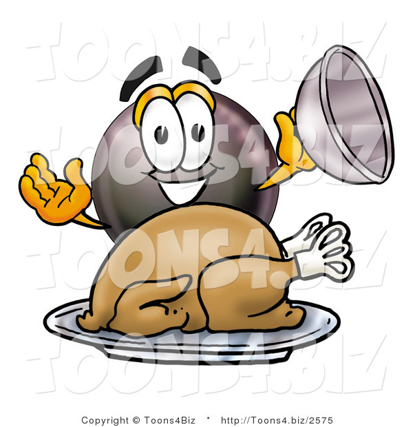 Illustration of a Cartoon Billiard 8 Ball Masco Serving a Thanksgiving Turkey on a Platter