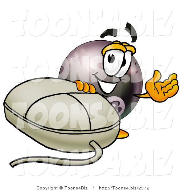 Illustration of a Cartoon Billiard 8 Ball Masco with a Computer Mouse