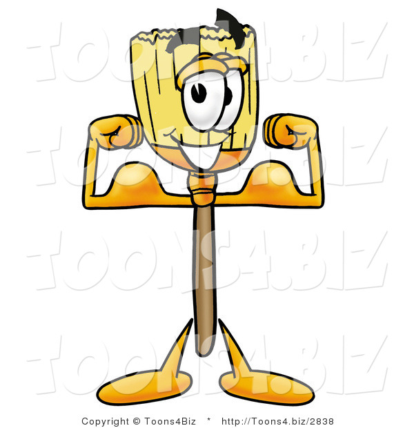 Illustration of a Cartoon Broom Mascot Flexing His Arm Muscles
