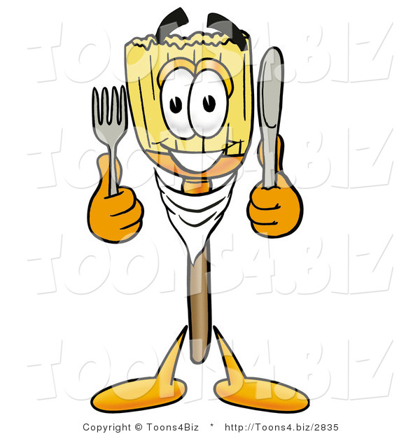 Illustration of a Cartoon Broom Mascot Holding a Knife and Fork