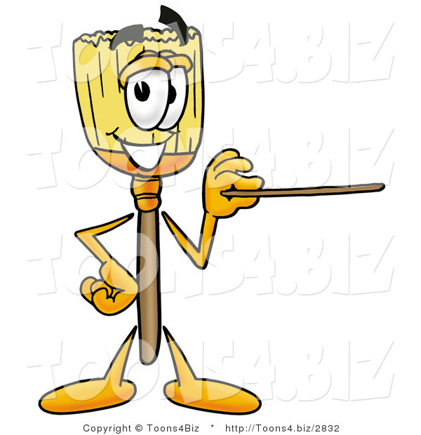 Illustration of a Cartoon Broom Mascot Holding a Pointer Stick