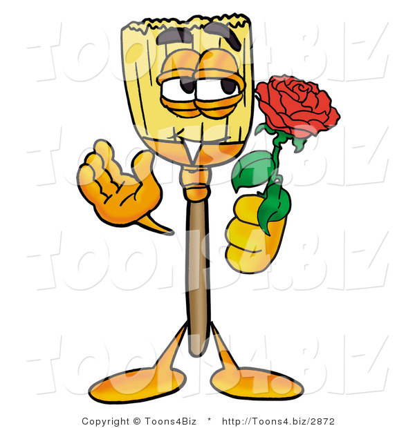 Illustration of a Cartoon Broom Mascot Holding a Red Rose on Valentines Day