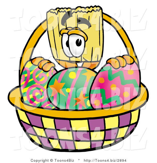 Illustration of a Cartoon Broom Mascot in an Easter Basket Full of Decorated Easter Eggs