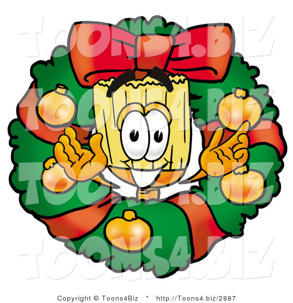 Illustration of a Cartoon Broom Mascot in the Center of a Christmas Wreath