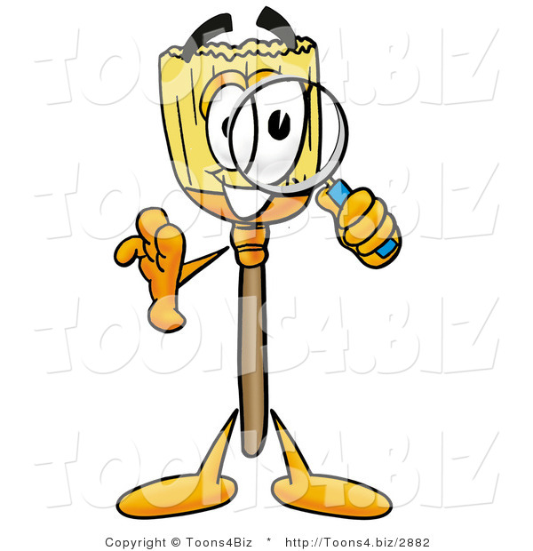 Illustration of a Cartoon Broom Mascot Looking Through a Magnifying Glass