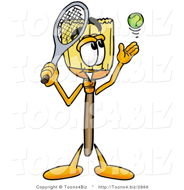 Illustration of a Cartoon Broom Mascot Preparing to Hit a Tennis Ball