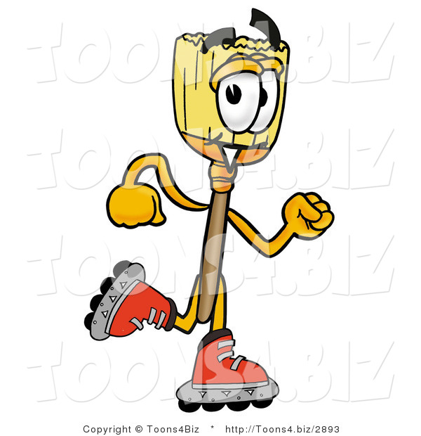Illustration of a Cartoon Broom Mascot Roller Blading on Inline Skates