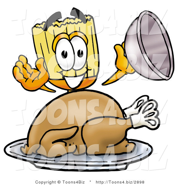 Illustration of a Cartoon Broom Mascot Serving a Thanksgiving Turkey on a Platter