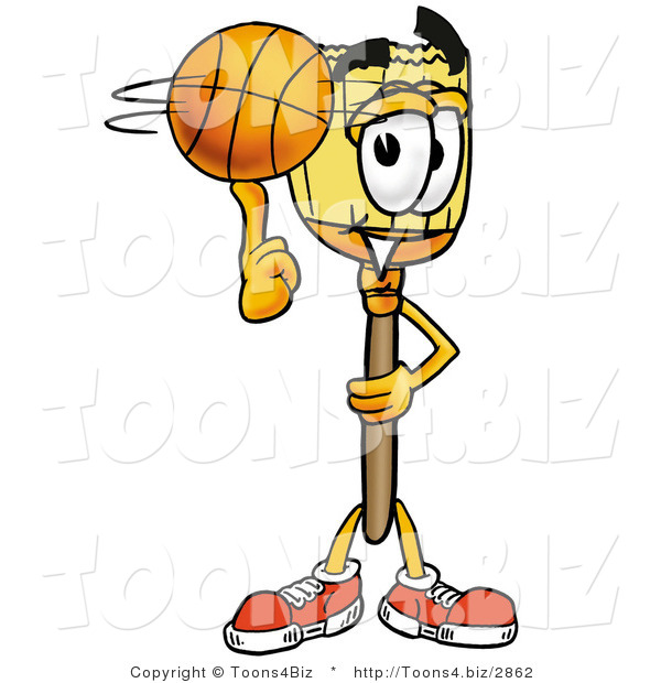 Illustration of a Cartoon Broom Mascot Spinning a Basketball on His Finger