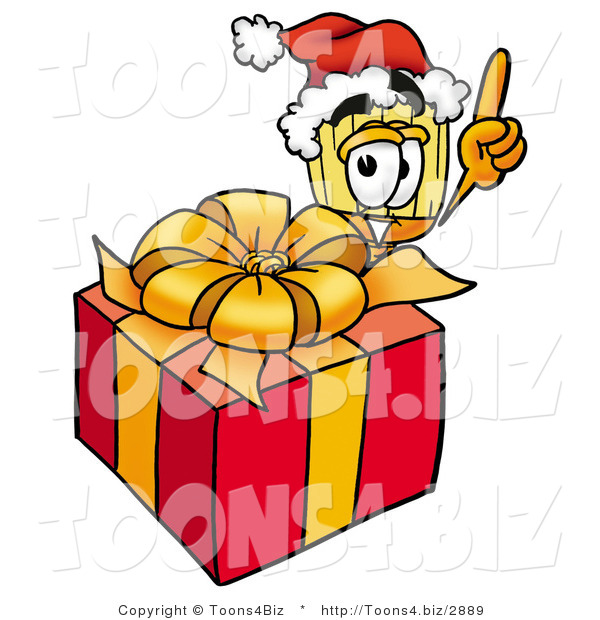 Illustration of a Cartoon Broom Mascot Standing by a Christmas Present