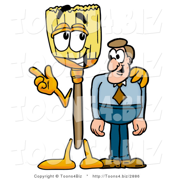 Illustration of a Cartoon Broom Mascot Talking to a Business Man