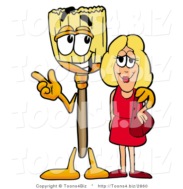 Illustration of a Cartoon Broom Mascot Talking to a Pretty Blond Woman