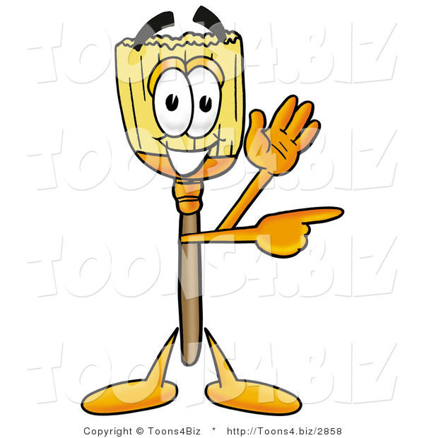 Illustration of a Cartoon Broom Mascot Waving and Pointing