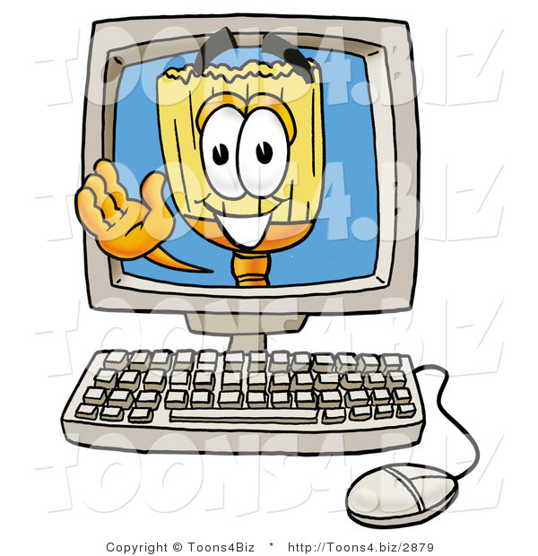 Illustration of a Cartoon Broom Mascot Waving from Inside a Computer Screen