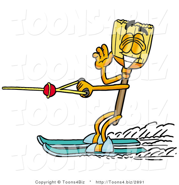 Illustration of a Cartoon Broom Mascot Waving While Water Skiing