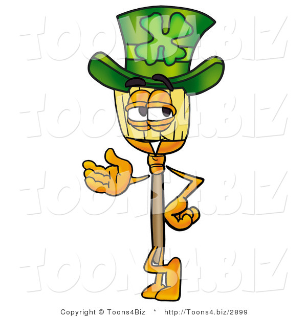 Illustration of a Cartoon Broom Mascot Wearing a Saint Patricks Day Hat with a Clover on It