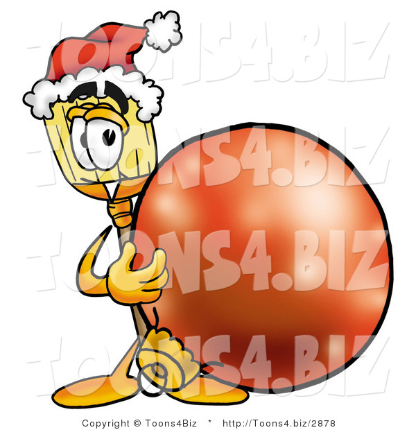 Illustration of a Cartoon Broom Mascot Wearing a Santa Hat, Standing with a Christmas Bauble