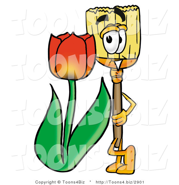 Illustration of a Cartoon Broom Mascot with a Red Tulip Flower in the Spring