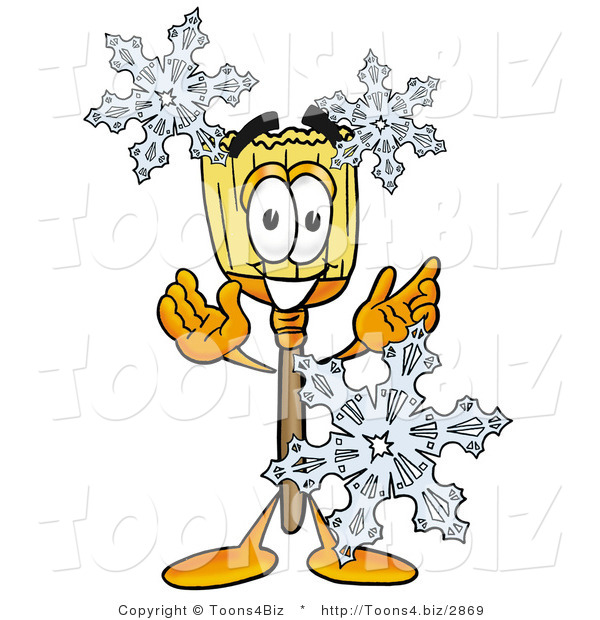 Illustration of a Cartoon Broom Mascot with Three Snowflakes in Winter